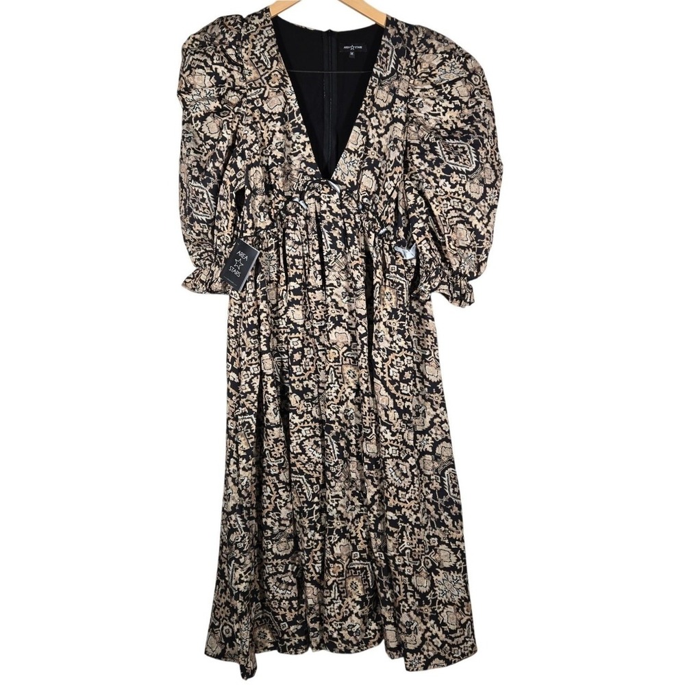 Area Stars Medallion Midi Dress Tan Black Puff Sleeve V-Neck Size M NEW